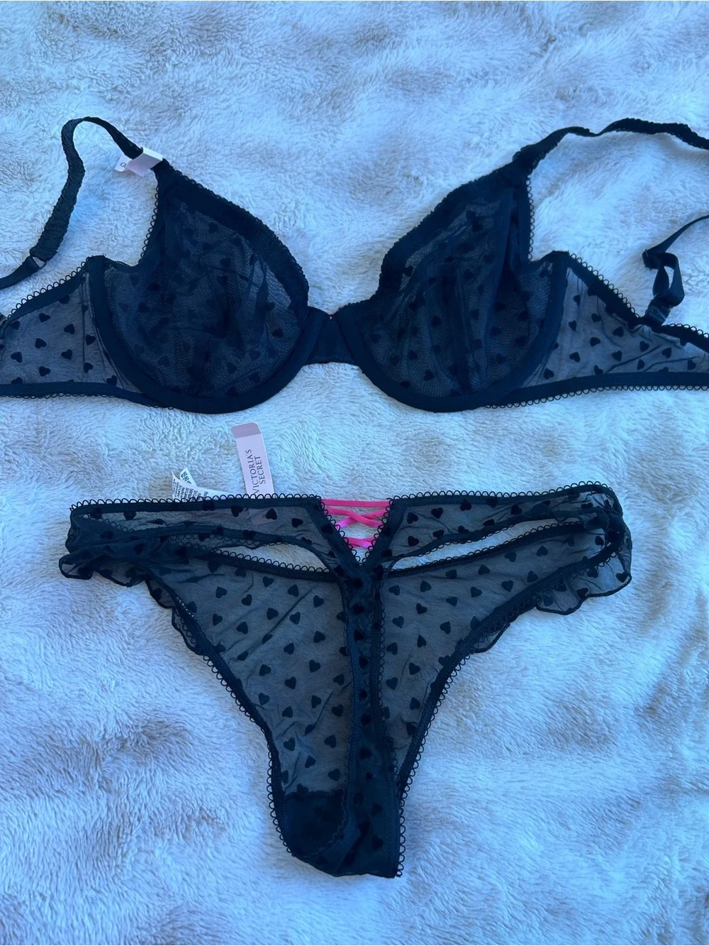 Victoria's Secret Black Heart Mesh Bra & Bikini Set with Pink Accents